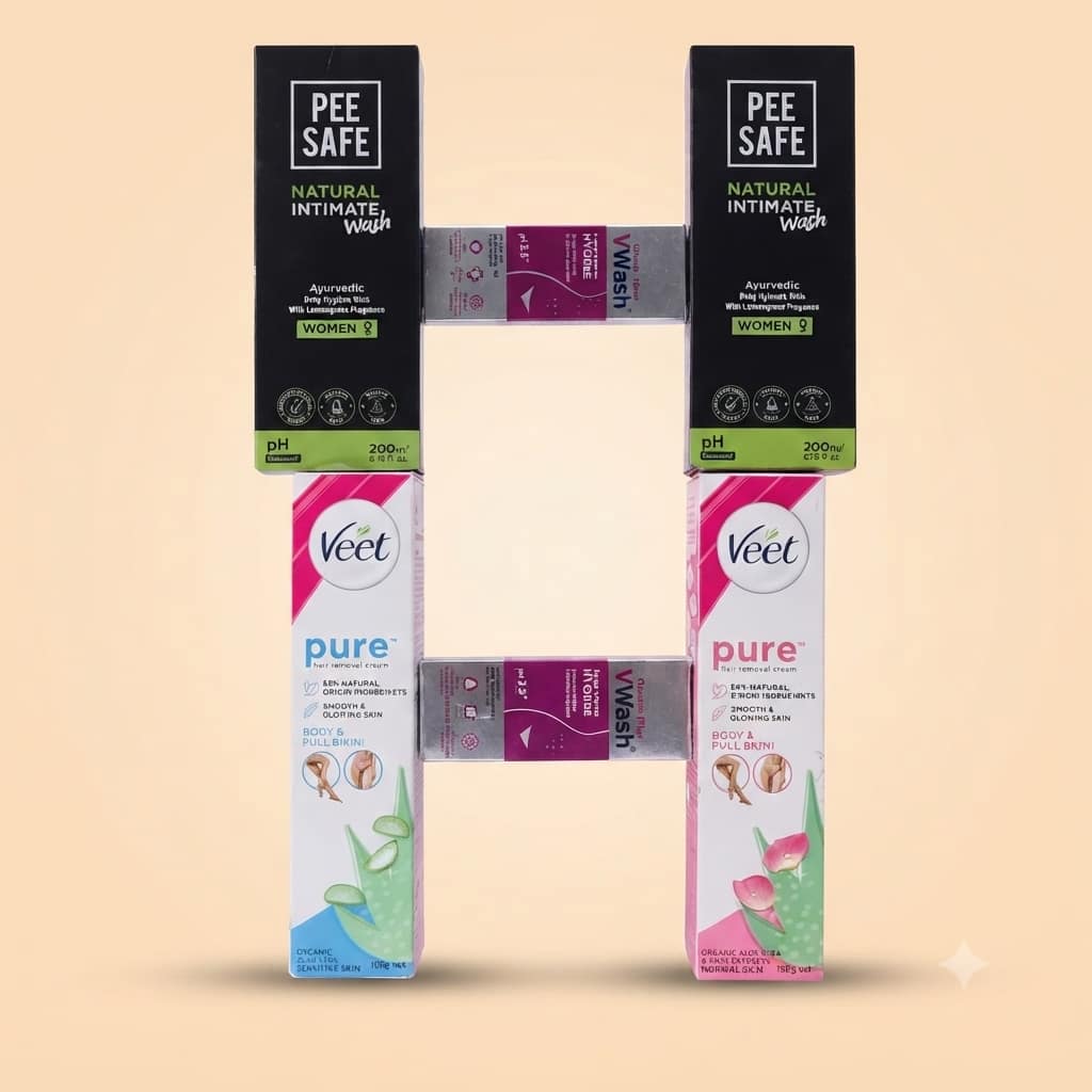 Pee Safe Natural Intimate Wash, V-Wash Intimate Hygiene & Veet Pure Hair Removal Cream Combo Pack