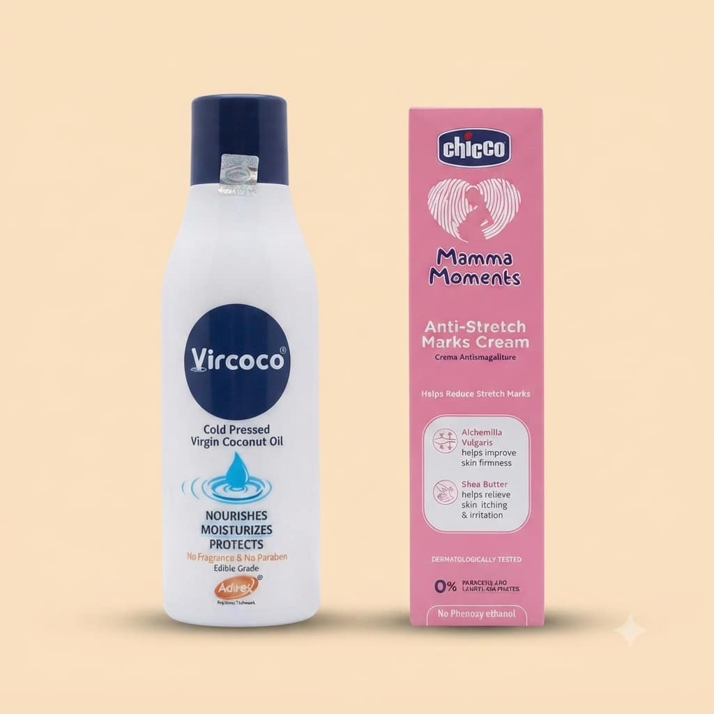 Vircoco Virgin Coconut Oil & Chicco Mamma Moments Anti-Stretch Marks Cream Combo