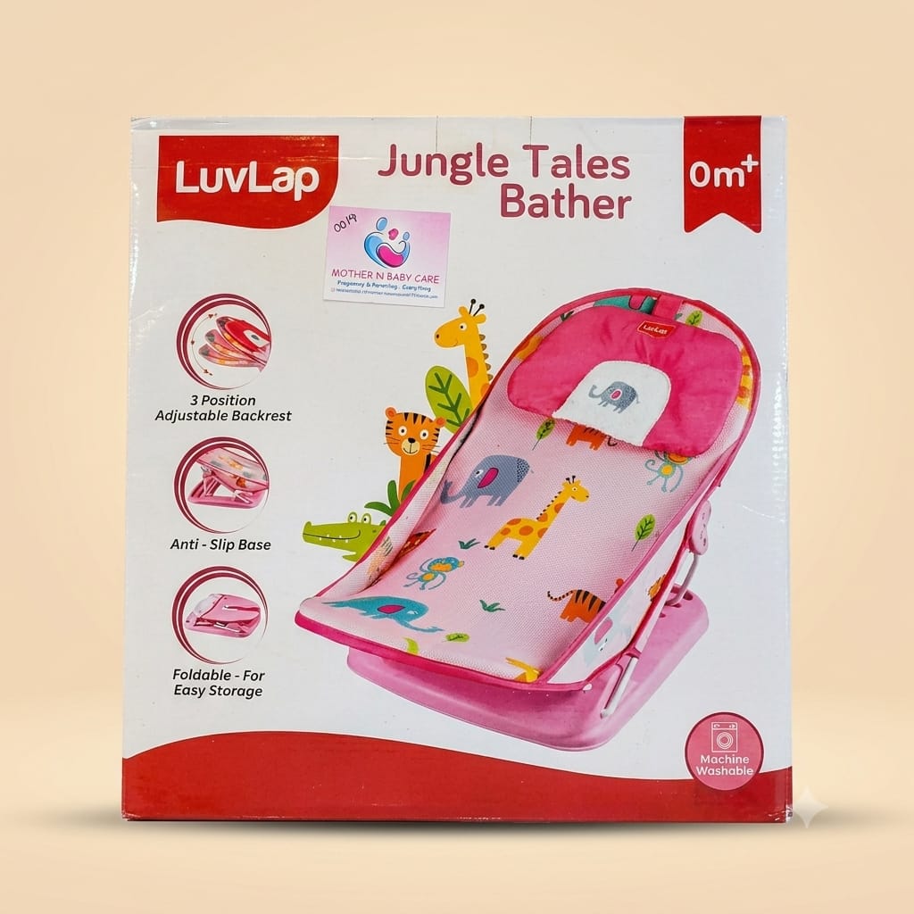 LuvLap Jungle Tales Bather (0m+) - Pink Animal Print Baby Bather with Adjustable Backrest