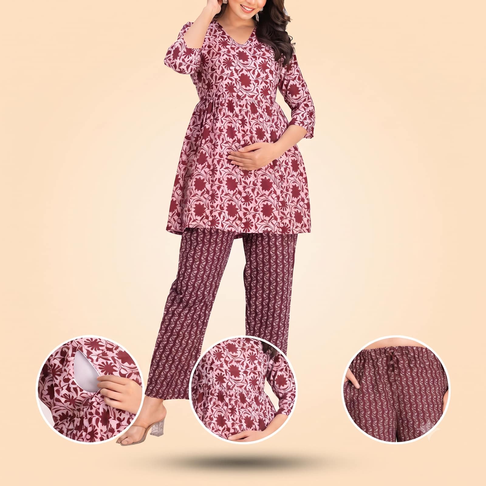 Maternity & Nursing Kurta with Matching Pants - Maroon Floral Print