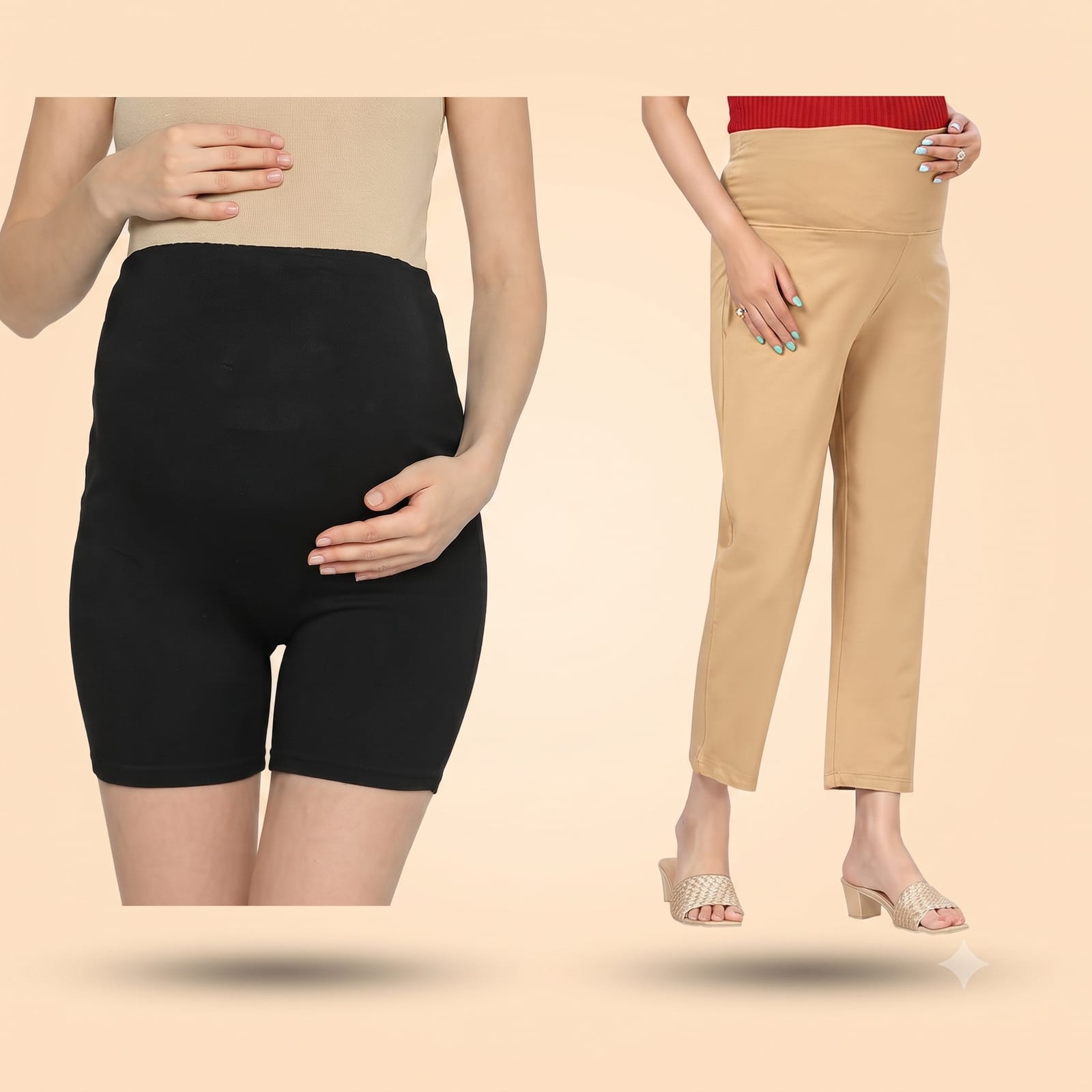 Maternity Over-Bumper Shorts and Trousers Set - Black & Beige