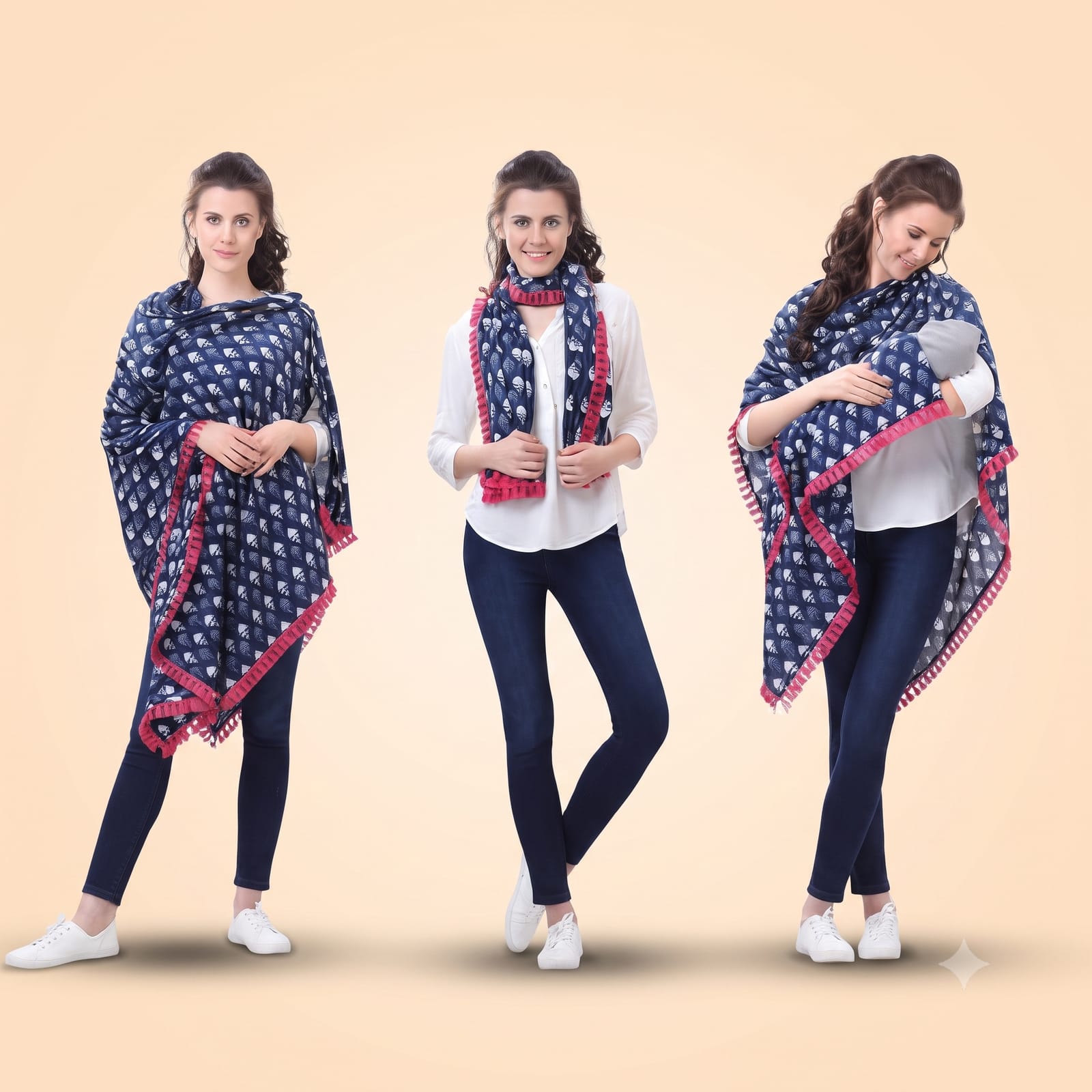 Navy Blue Printed Nursing Scarf & Multipurpose Baby Feeding Cover with Tassels