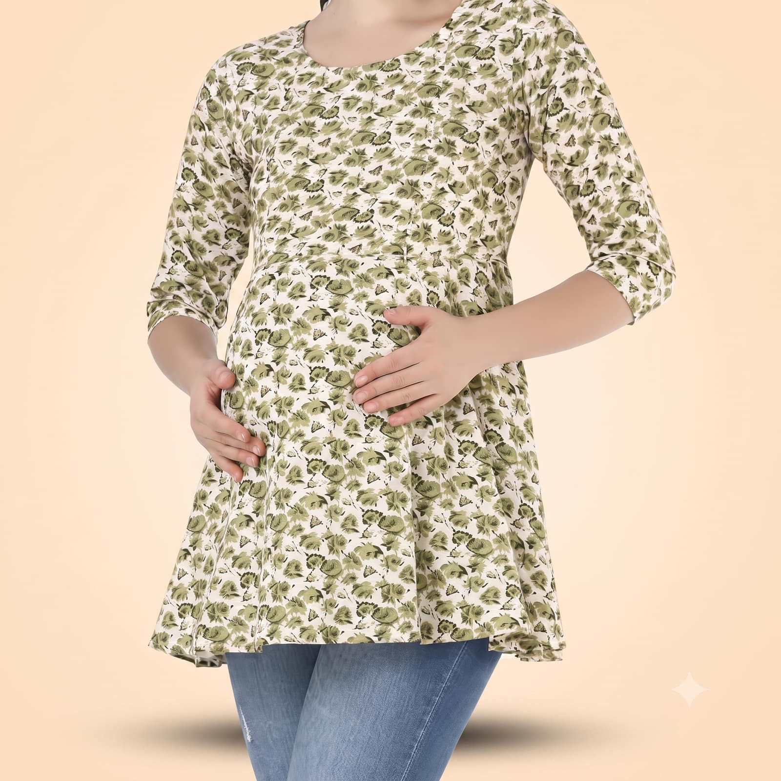 Maternity Floral Print Peplum Tunic Top - Green & White