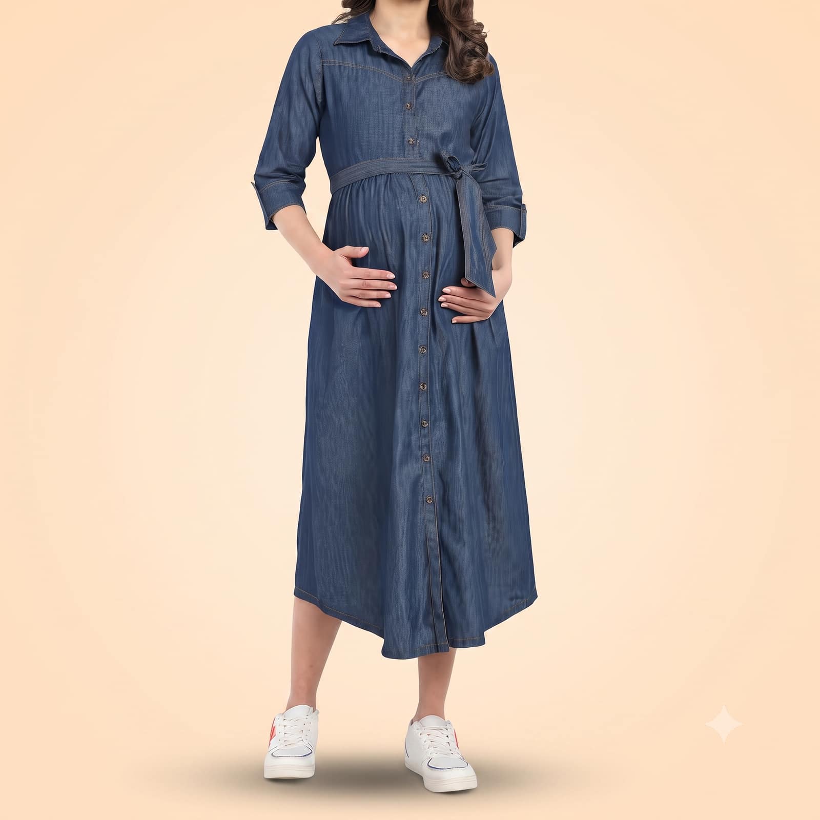Women's Denim Shirt Maternity Dress with Tie-Waist - Dark Wash