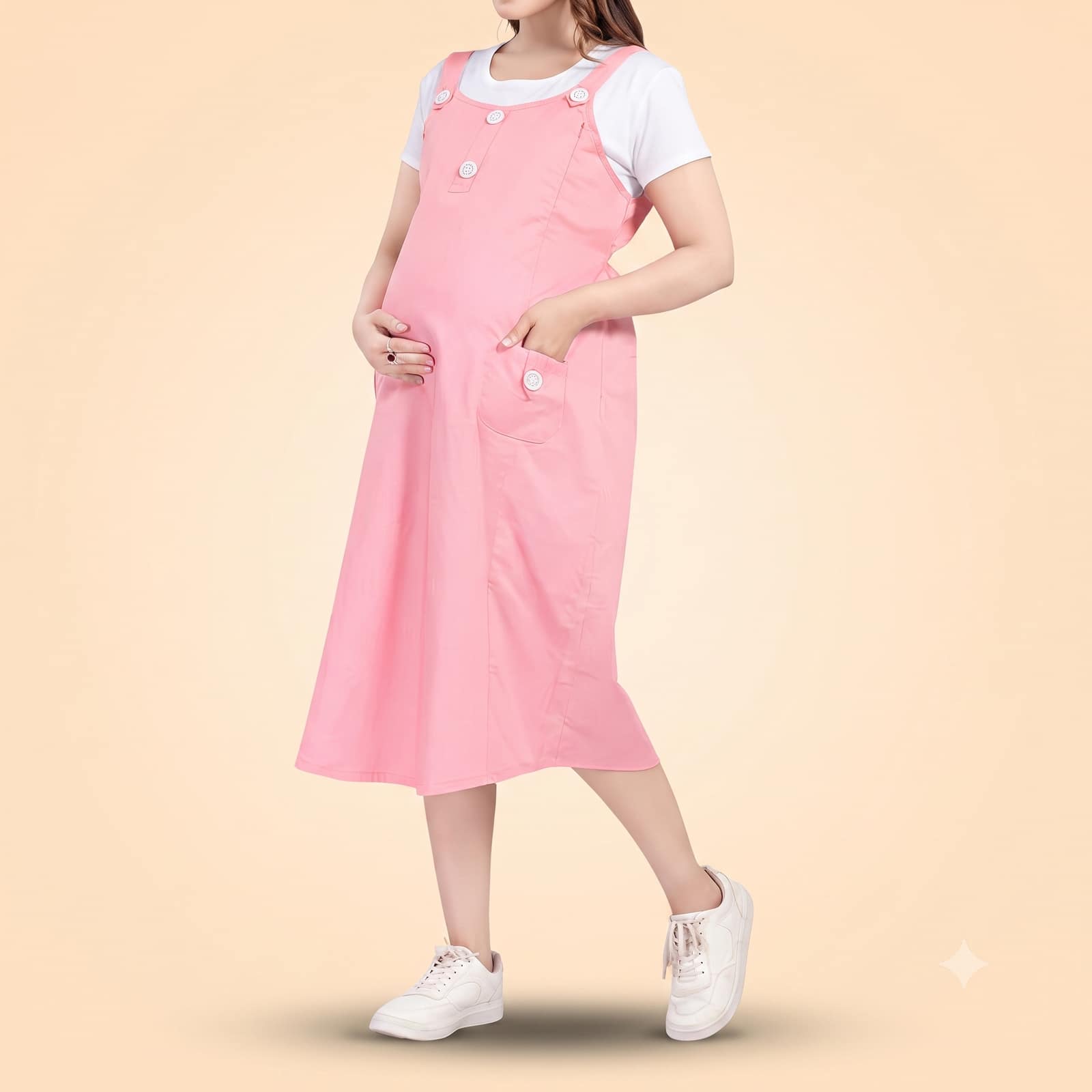 Maternity Jumper Dress with White T-Shirt - Pink Sleeveless Pinafore