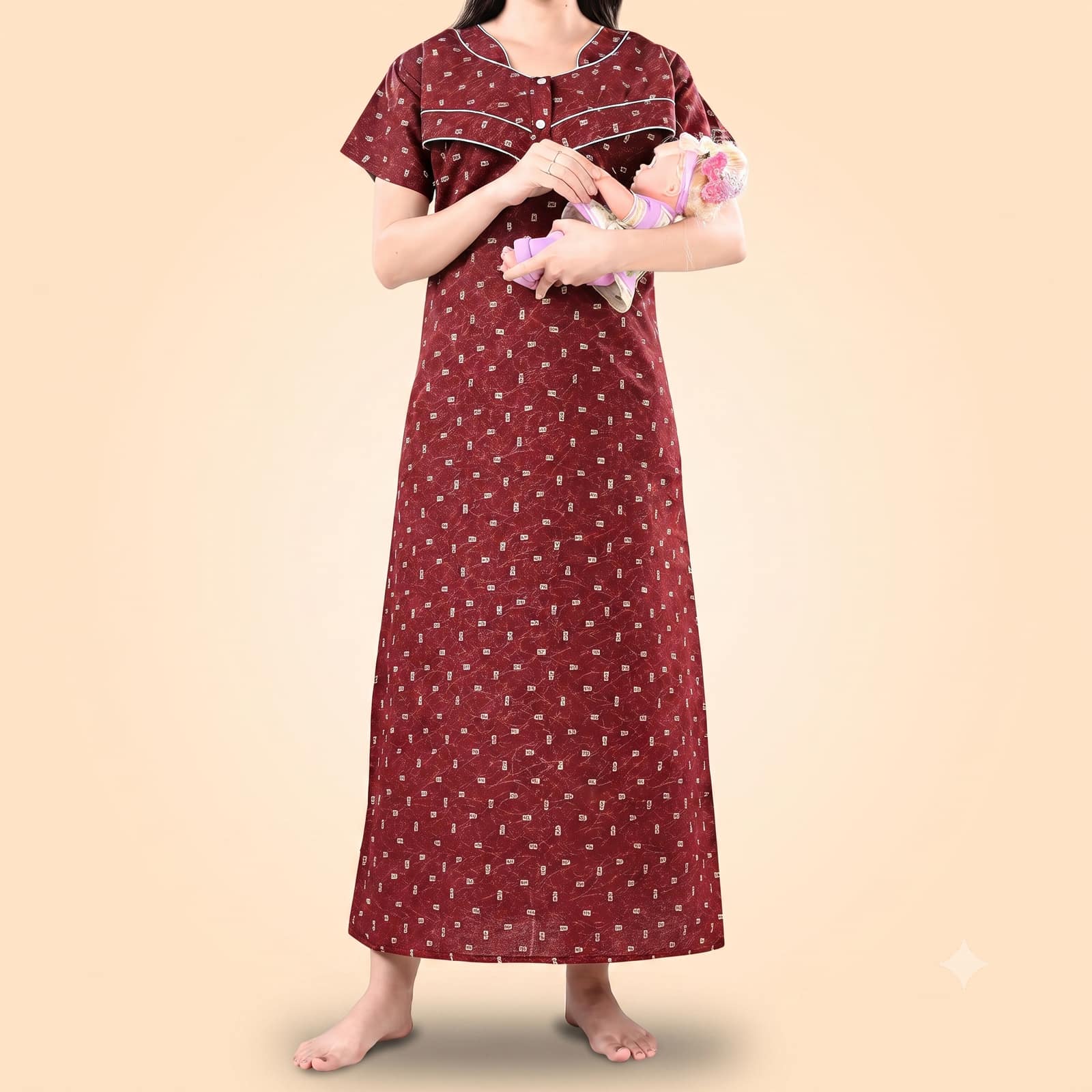 Women's Maroon Floral Print Cotton Maxi Nighty - Short Sleeve Loungewear