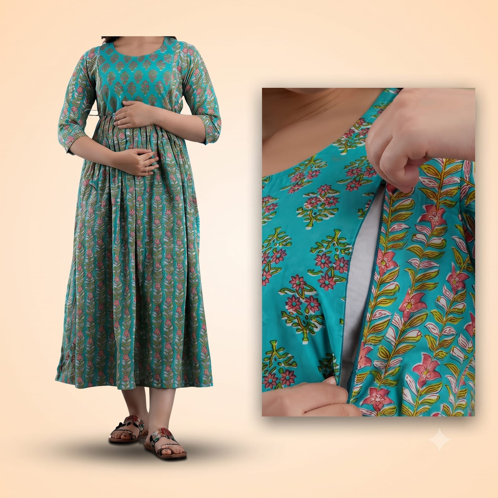 Maternity & Nursing Maxi Dress with Concealed Zip – Floral Teal