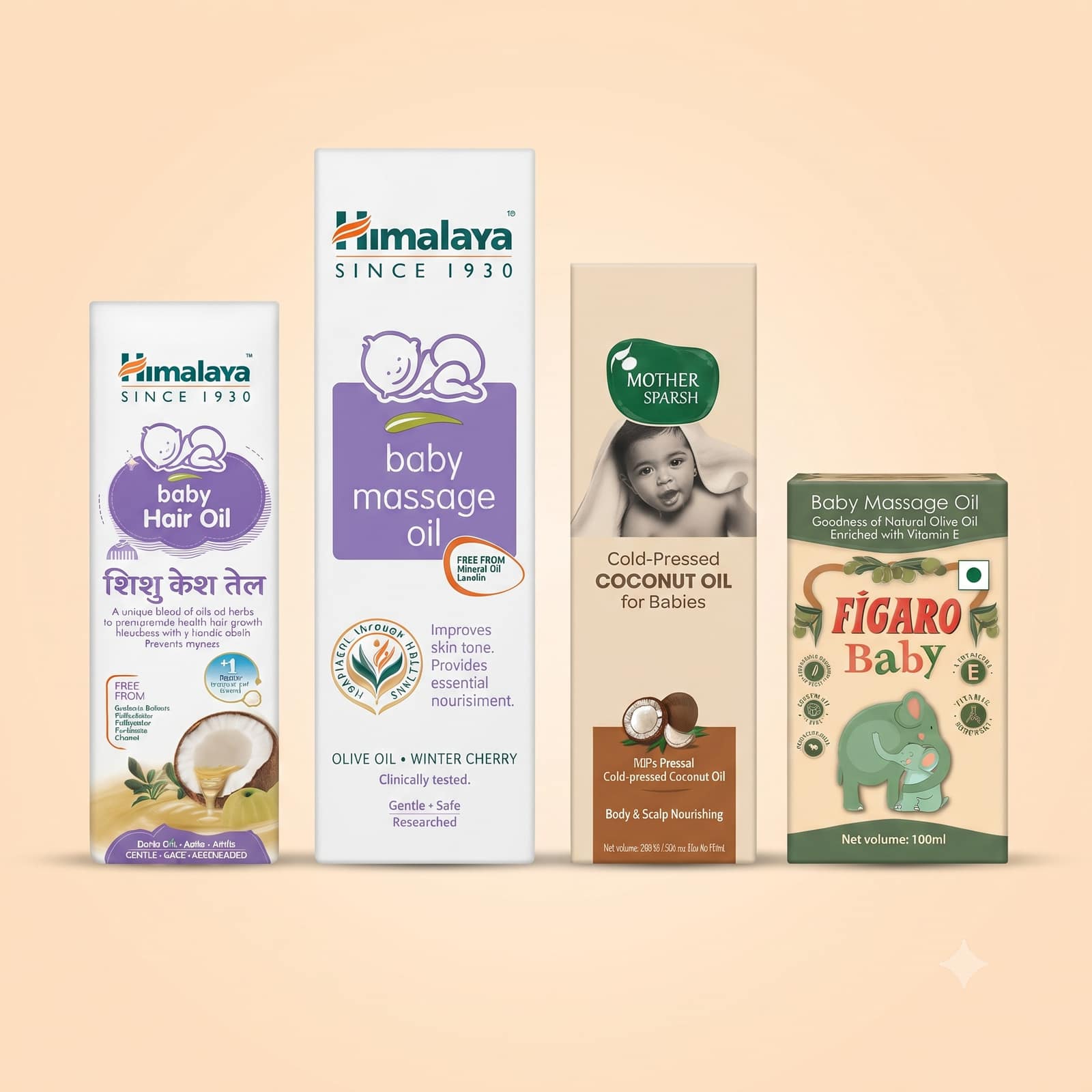 Baby Hair & Massage Oil Combo - Himalaya, Mother Sparsh & Figaro - 4 Pack Set
