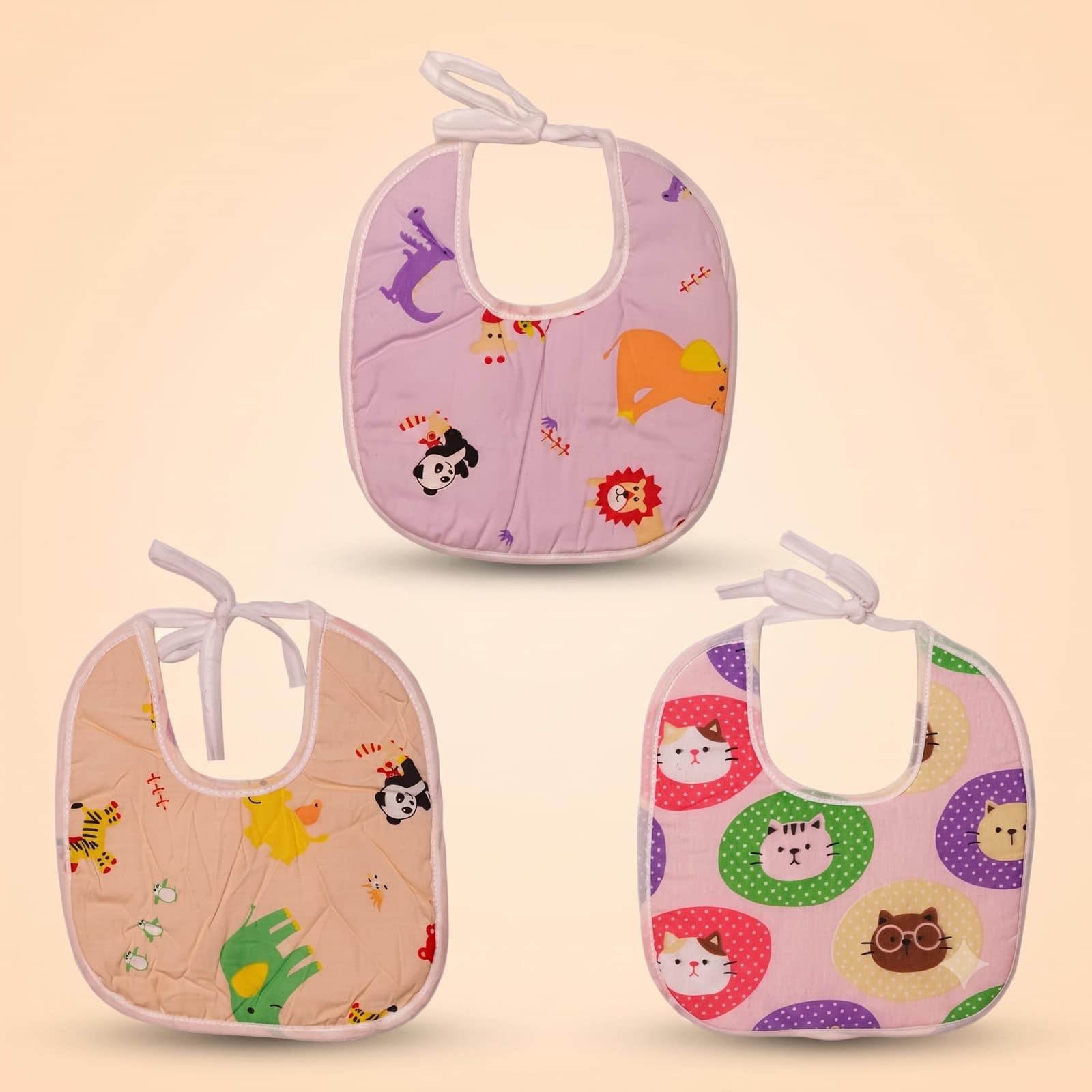 Baby Cotton Feeding Bibs - Pack of 3 Assorted Animal and Cat Print Infant Toddler Bibs with Tie Closure