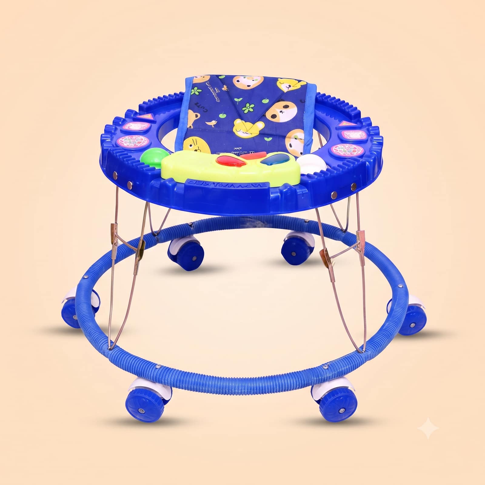Blue Baby Walker with Interactive Toy Tray & Animal Print Seat - Multi-Wheeled Activity Walker
