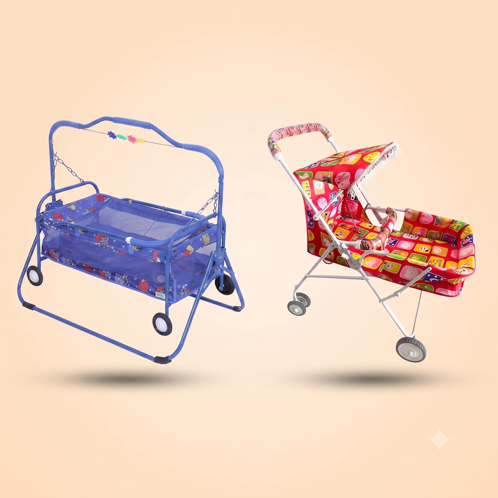 Baby Swing Cradle and Stroller Combo - Blue Metal Swing Bed & Red Patterned Baby Stroller Pram
