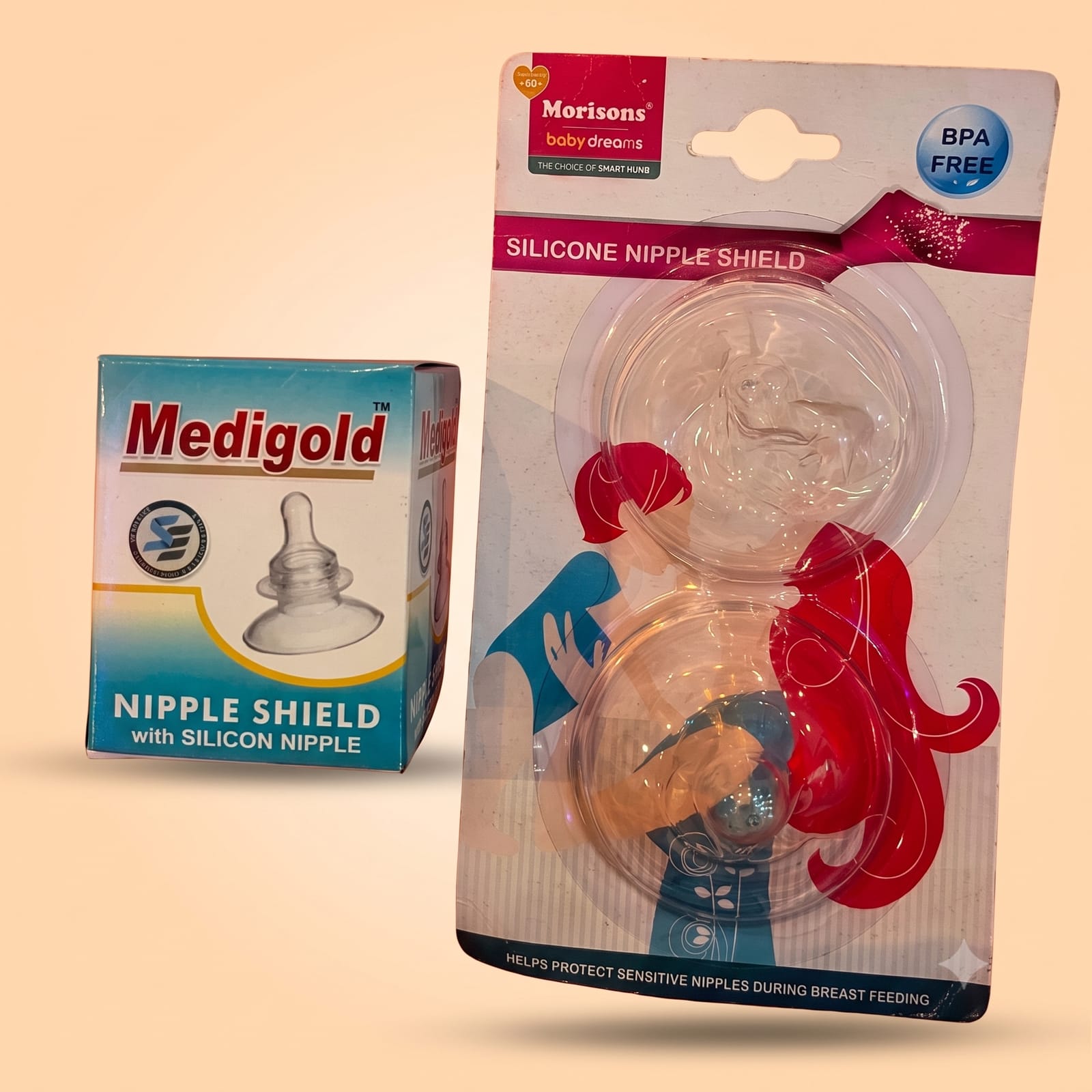 Morisons Baby Dreams BPA Free Silicone Nipple Shield & Medigold Nipple Shield Combo for Breast Feeding