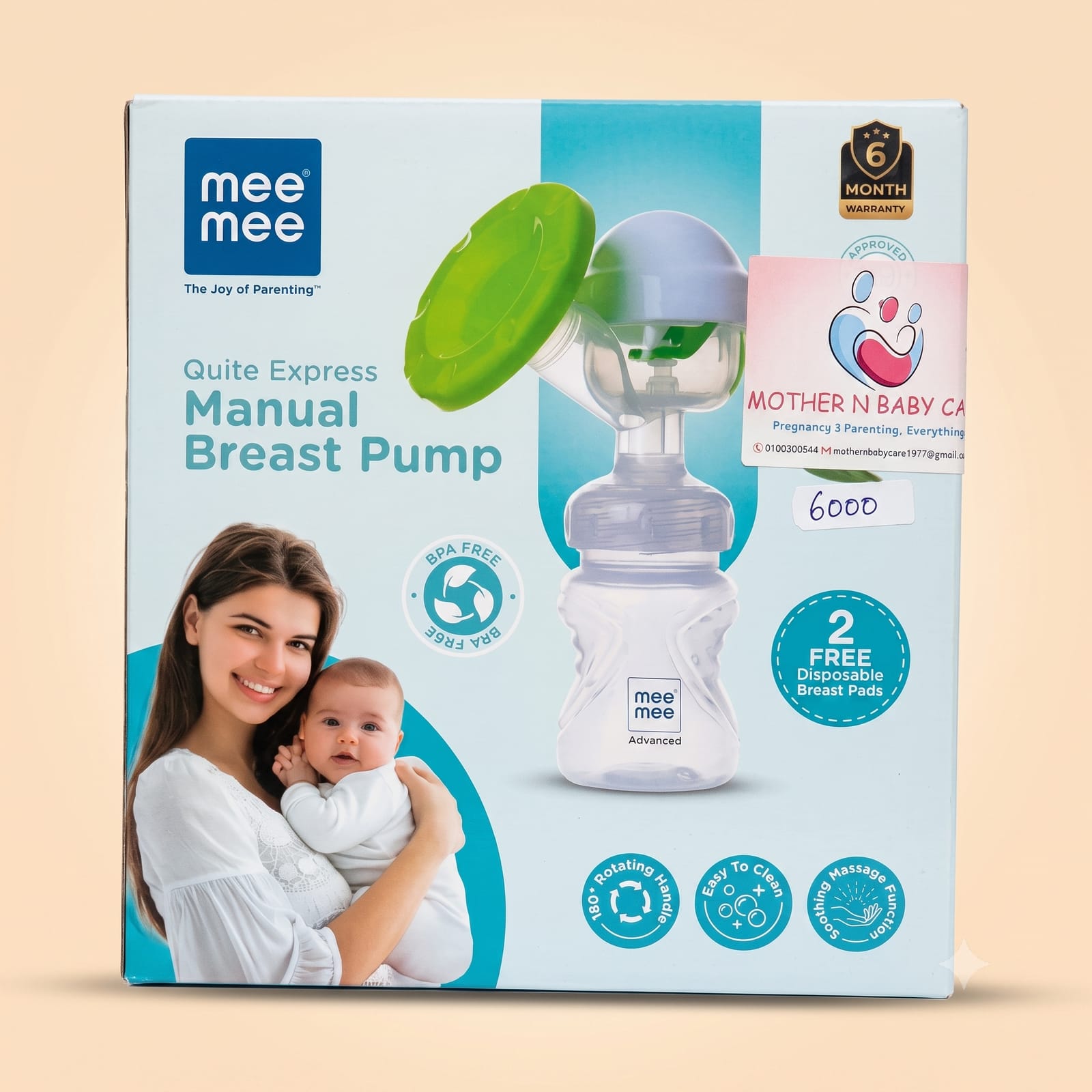Mee Mee Quite Express Manual Breast Pump with 180 Degree Rotating Handle & 2 Free Disposable Breast Pads