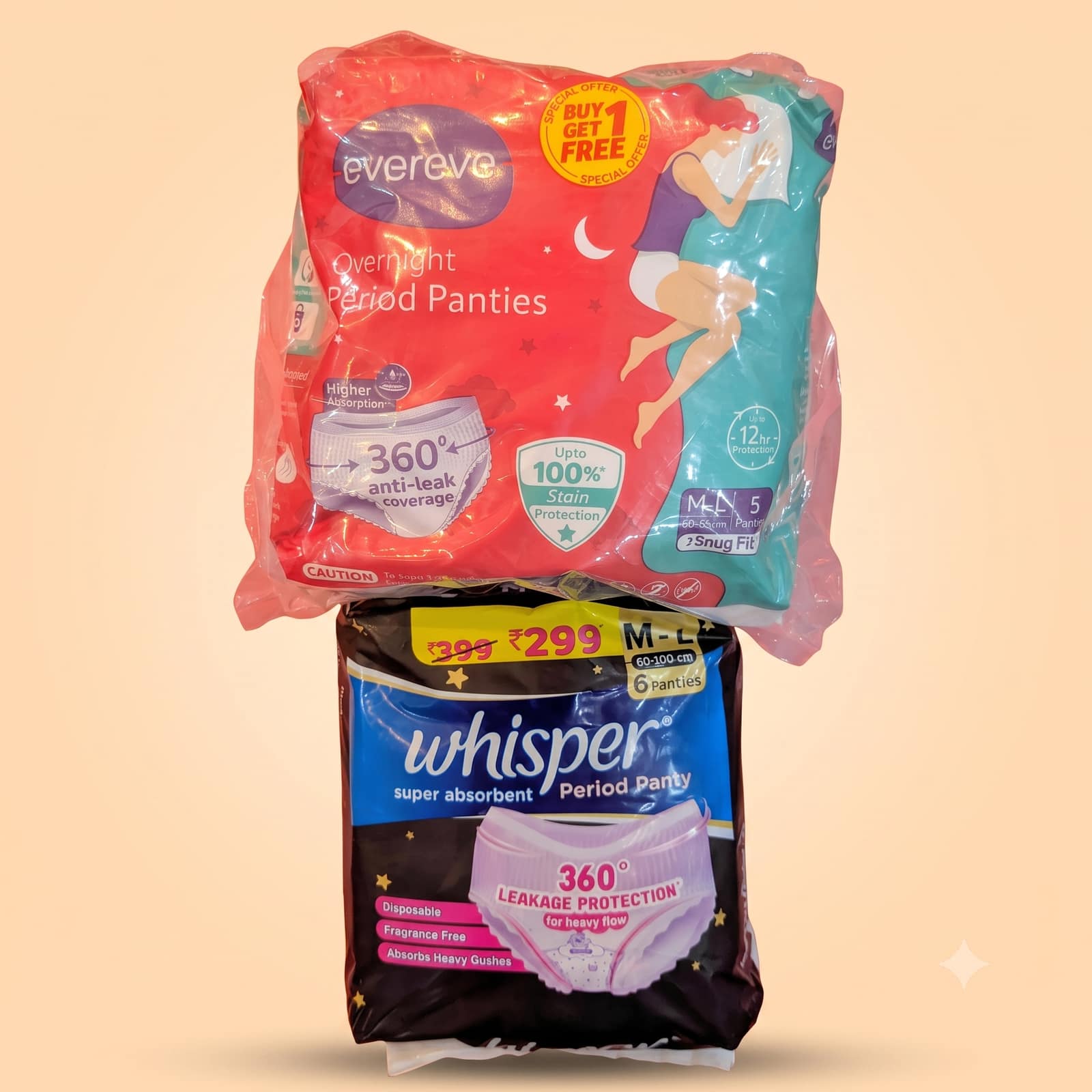 Evereve & Whisper Overnight Period Panties Combo Pack (M-L Size) - 360 Anti-Leak Coverage & Heavy Flow Protection