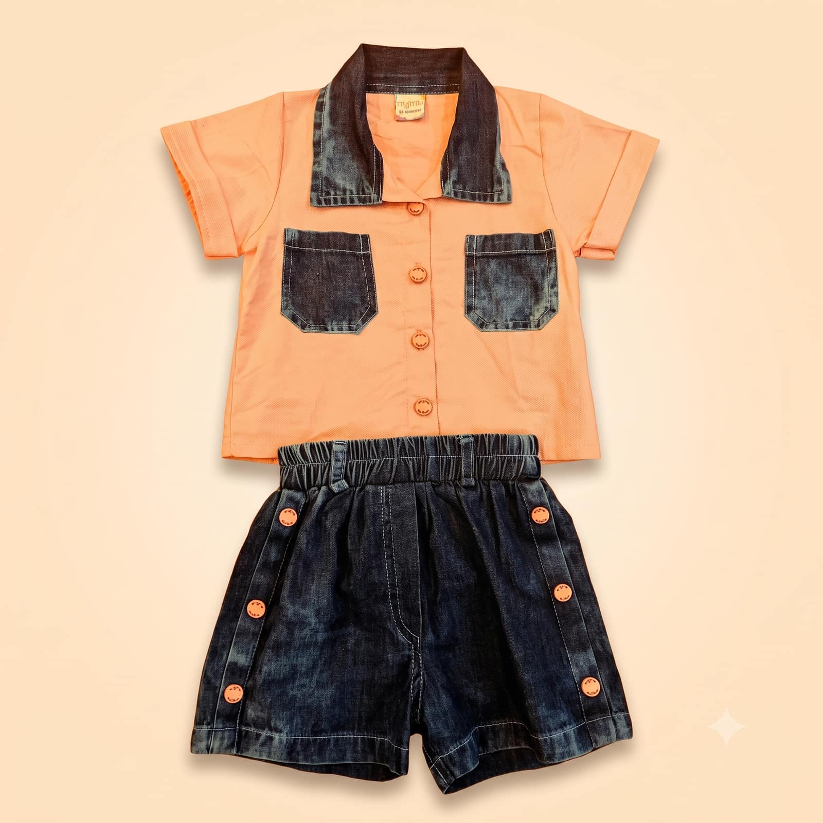 MYMINI Peach Short-Sleeve Top & Denim Shorts Set (0 Months–1.5 Years) with Denim Collar and Pocket Accents