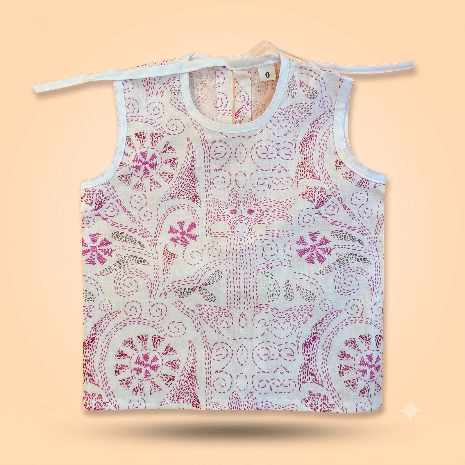 Baby JABLES Top (0-6 Months) - Sleeveless White Top with Pink & Green Kantha Embroidery