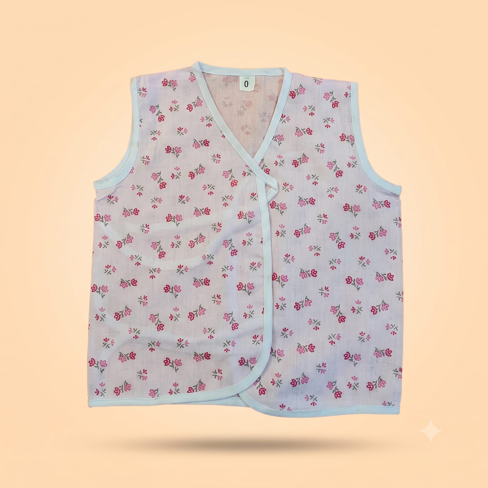 Baby JABLES Top (0-6 Months) - Pink Floral Sleeveless Wrap Front Top with White Piping
