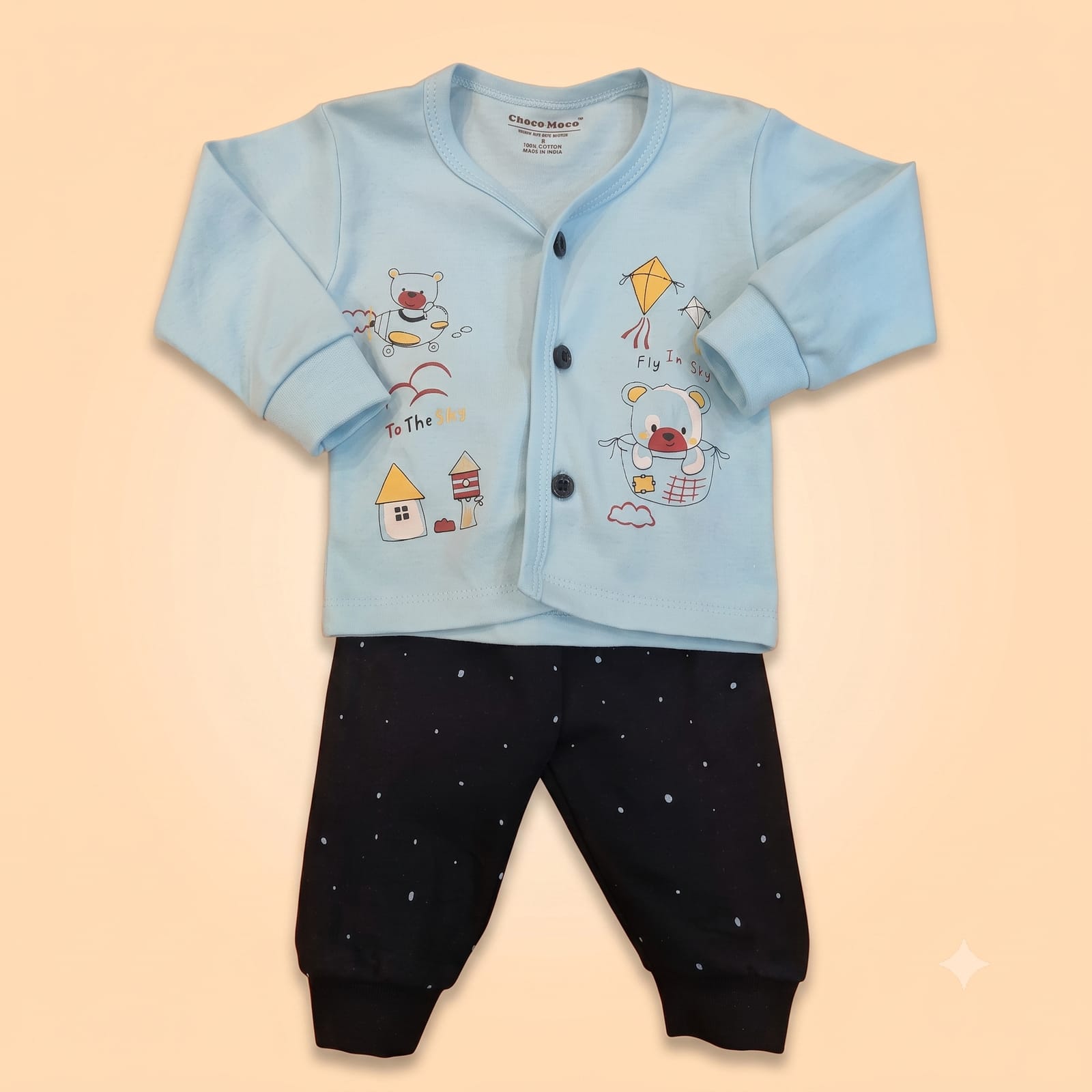 Upper + Lower Set (0 Months - 1.5 Years) - Light Blue Buttoned Top and Black Polka Dot Pants
