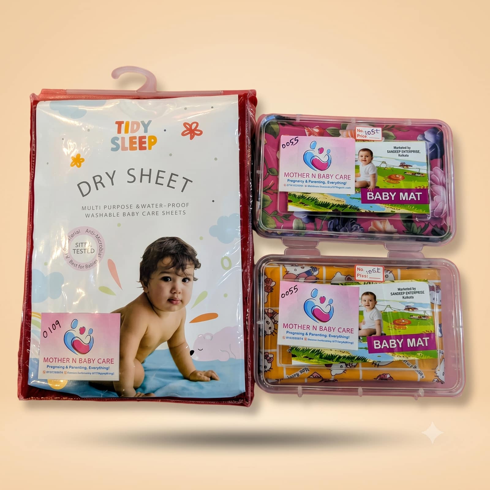 Tidy Sleep Multi-Purpose Waterproof Baby Dry Sheet and 2-Pack Baby Mat Set - Red and Multi-Color Designs