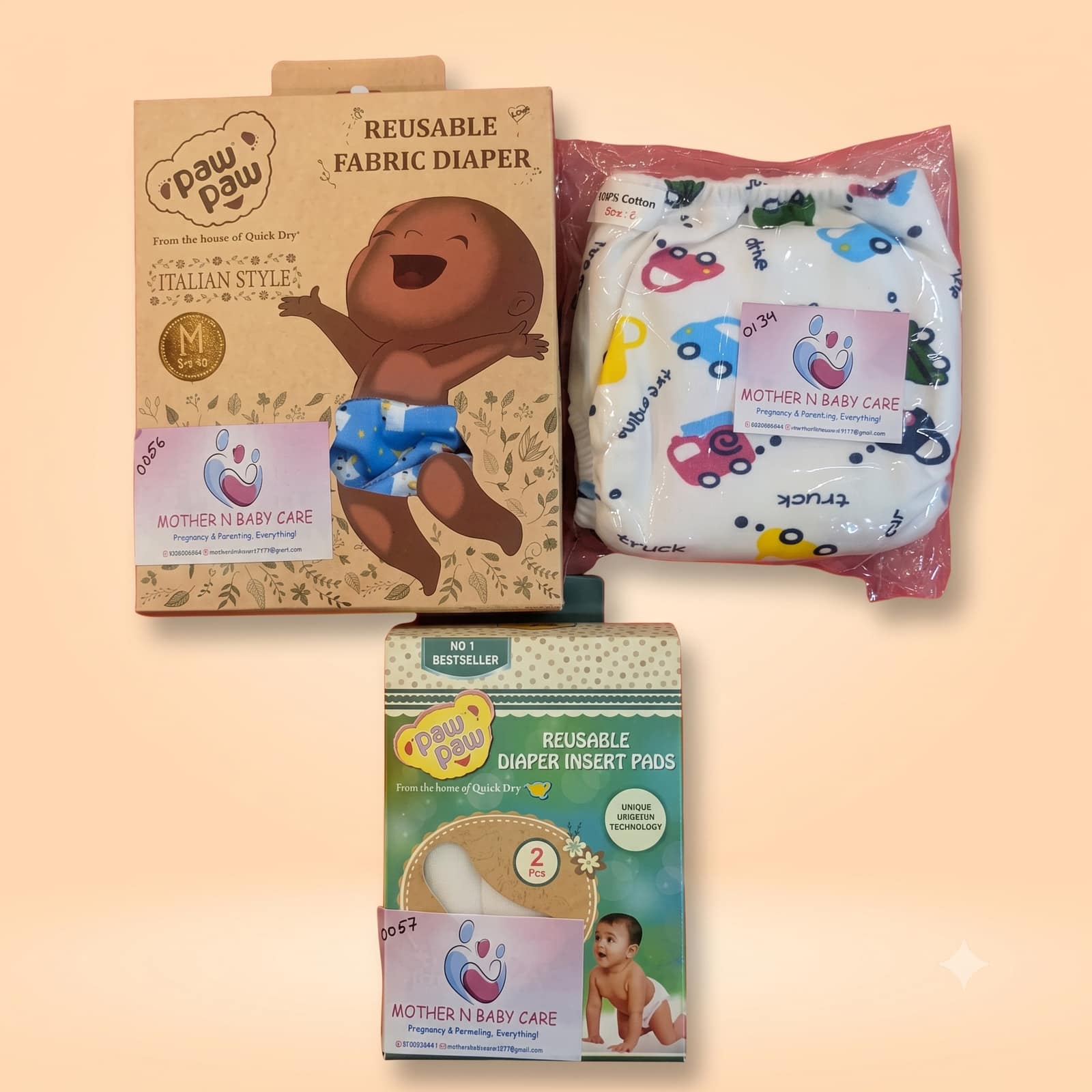 Paw Paw Reusable Fabric Diaper Set with 2-Piece Diaper Insert Pads & Printed Cotton Diaper