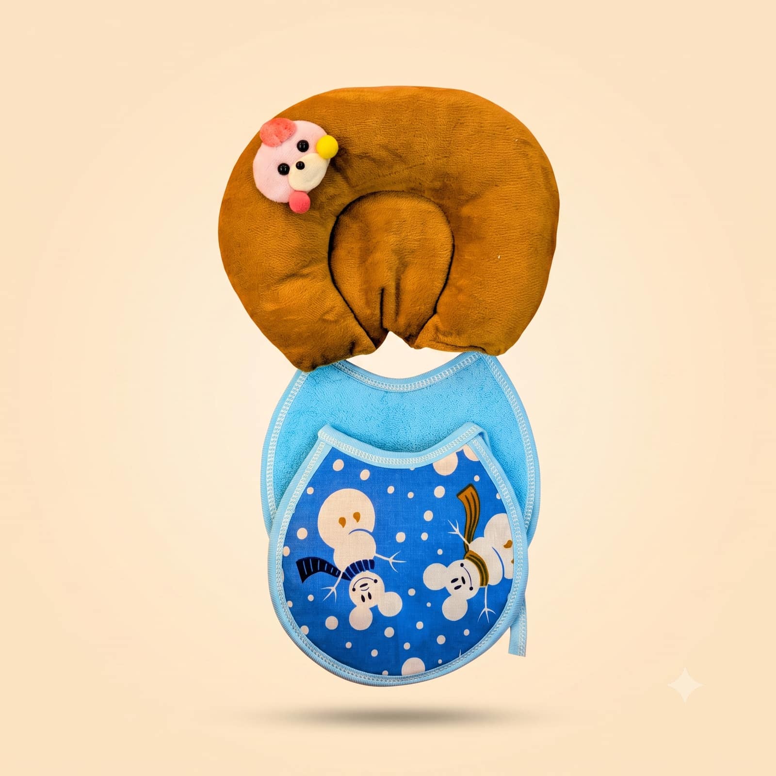 Padded Baby Support Pillow with Charm and a 3-Bib Gift Set (Snowman Print, Blue)