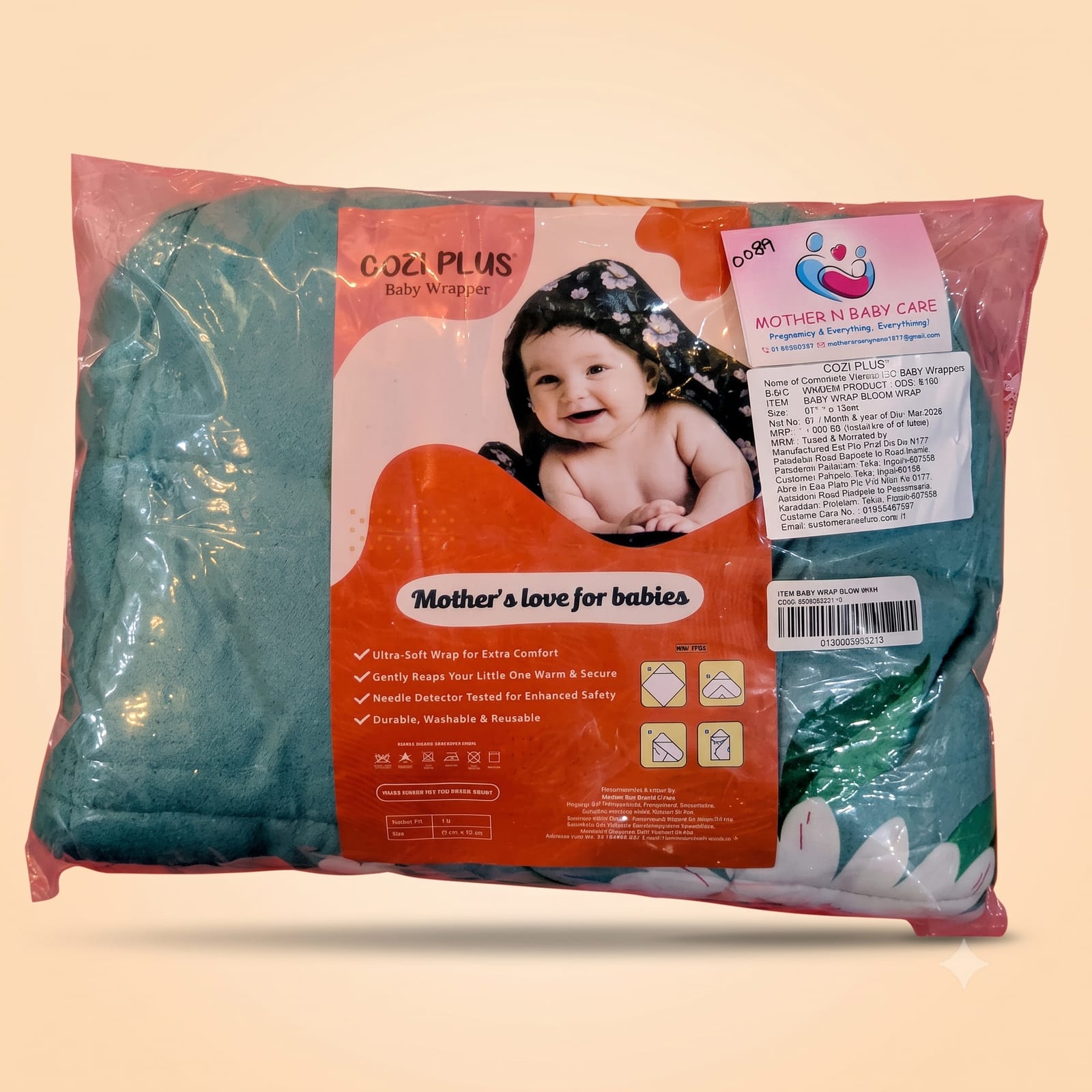 Cozi Plus Ultra-Soft Baby Wrapper and Hooded Blanket - Teal Blue with White Floral Accent