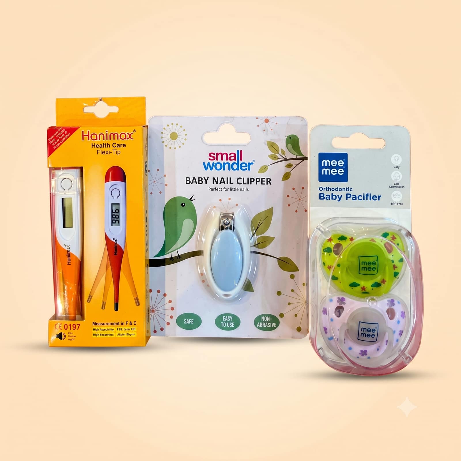 Hanimax Digital Thermometer, Small Wonder Nail Clipper & Mee Mee Orthodontic Pacifiers (3-Item Care Kit)