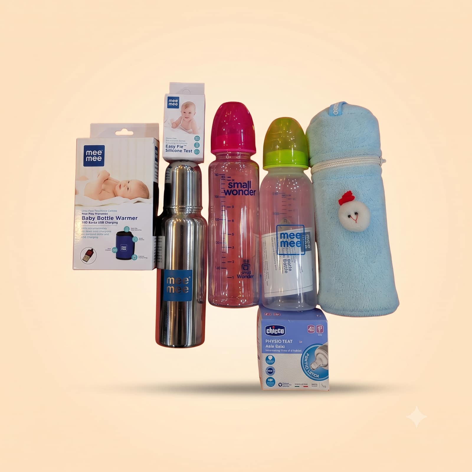 Mee Mee & Small Wonder Baby Feeding Combo - Bottle Warmer, Stainless-Steel Bottle, & Insulated Bag