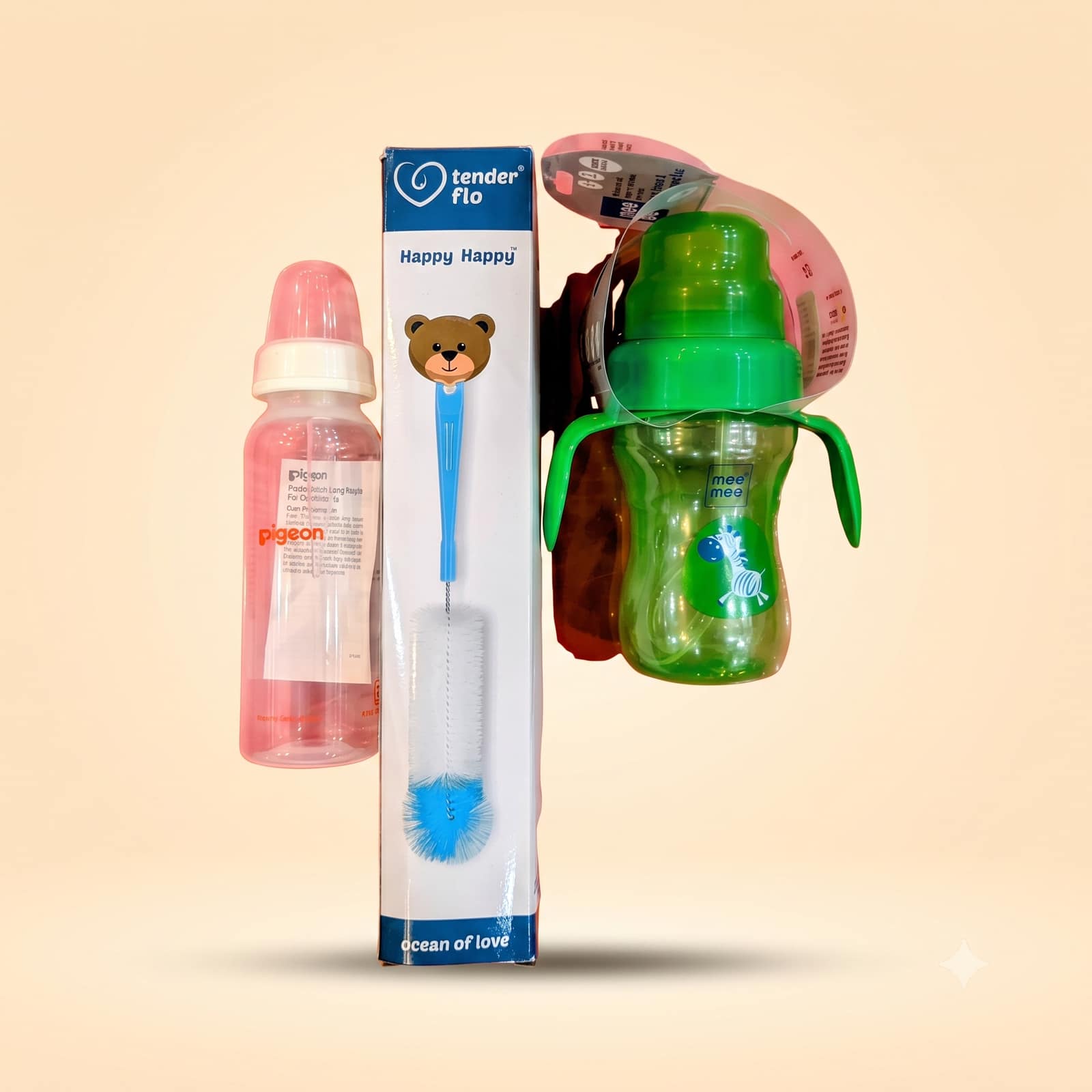 Tender Flo Bottle Brush, Pigeon Baby Feeding Bottle, and Mee Mee Sippy Cup (3-Pack Bundle)