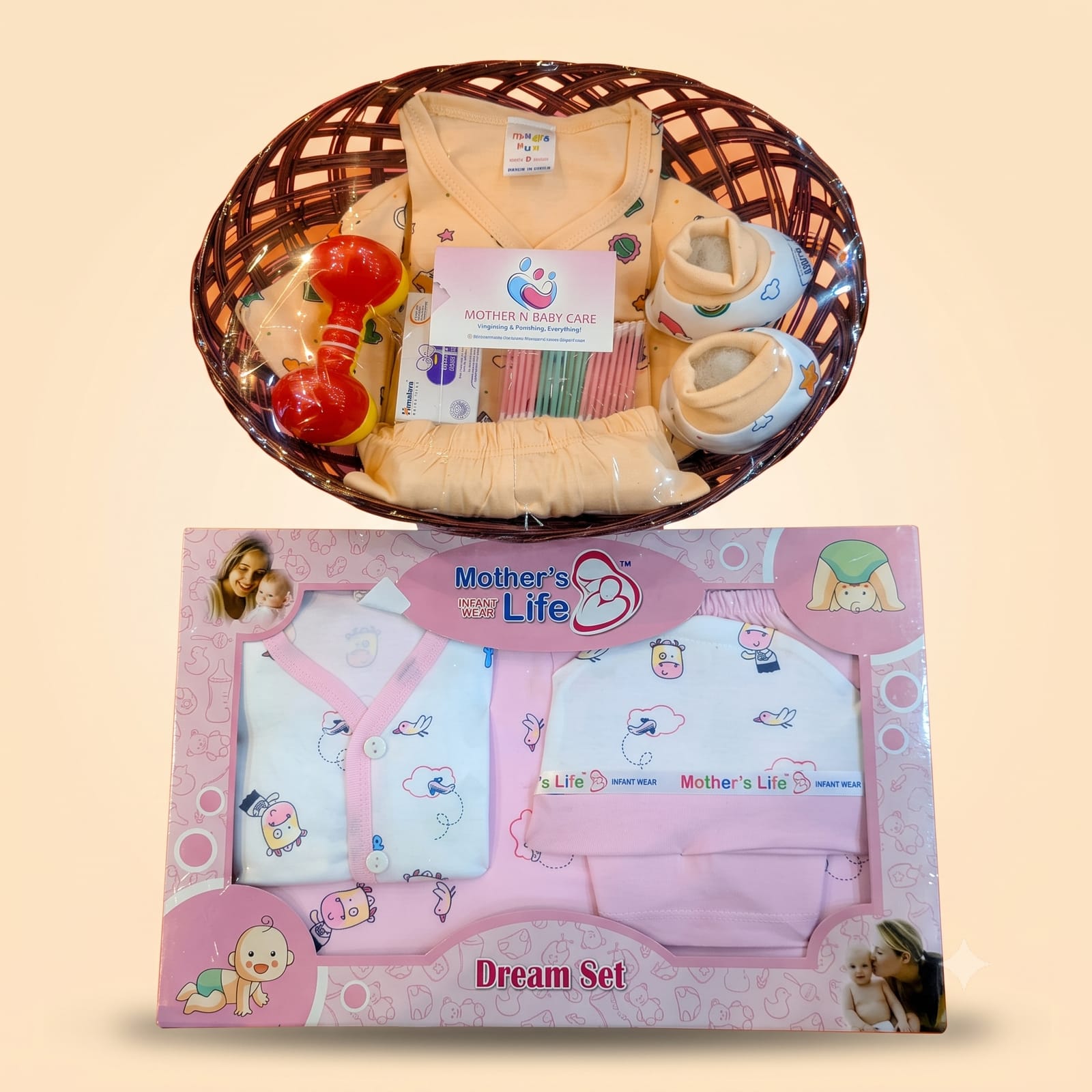 Mother's Life Dream Set New Born Baby Gift Basket with Apparel, Rattle, and Booties (Pink/Peach)