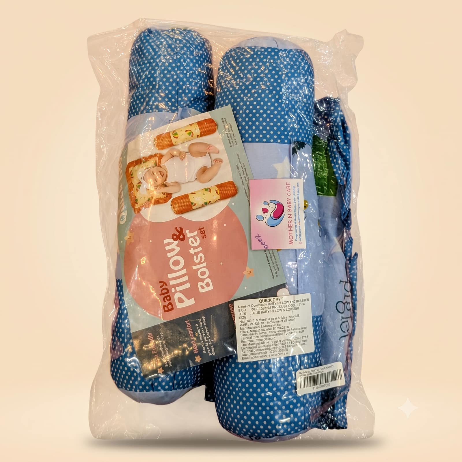 Quick Dry Blue Baby Pillow and Bolster Set (Polka Dot Print) by Shiva Texyarn