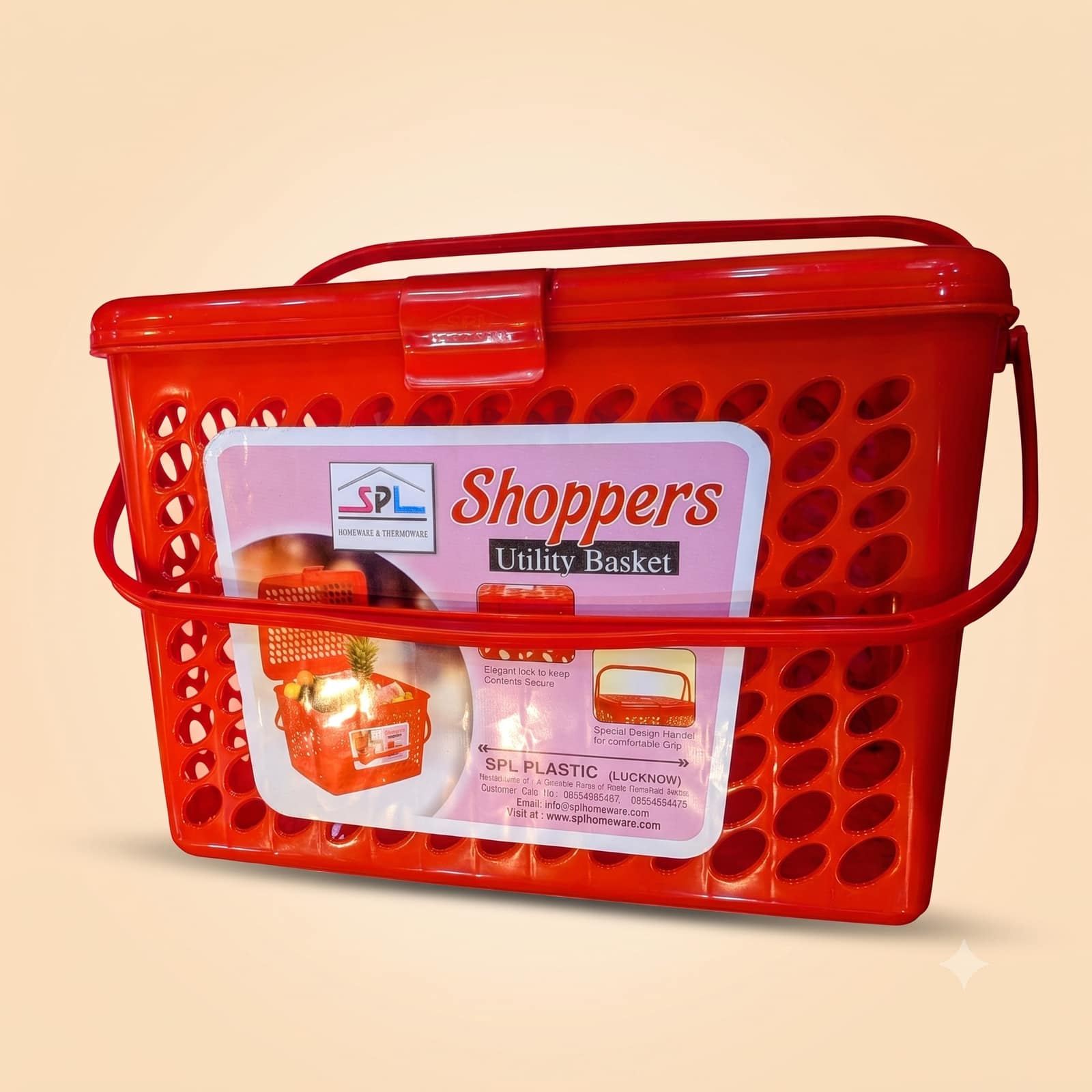 SPL Plastic Shoppers Utility Basket, Red, with Handle and Locking Lid